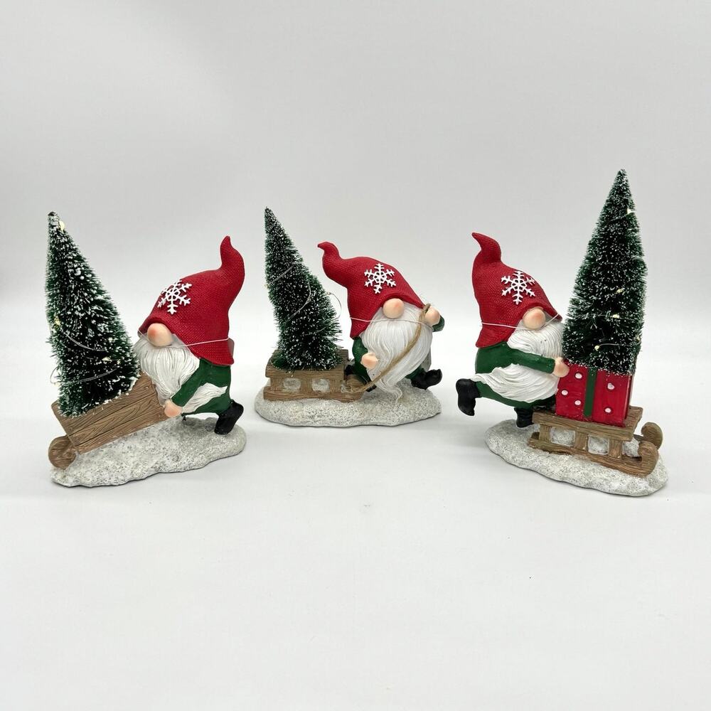 Set of 3 Light Up Gnomes Bottle Brush Christmas Tree Gnome Sled Wheelbarrow New